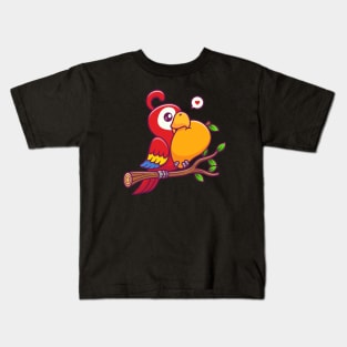 Cute Parrot Bird Eating Mango On Branch Cartoon Kids T-Shirt